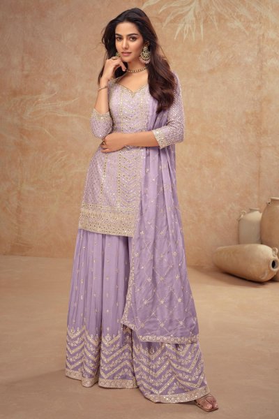 Lilac Chinon Silk Embroidered Sharara Kurta Set