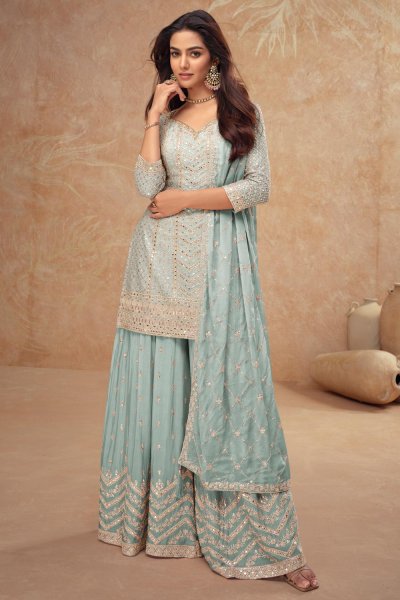 Pastel Soft Blue Chinon Silk Embroidered Sharara Kurta Set