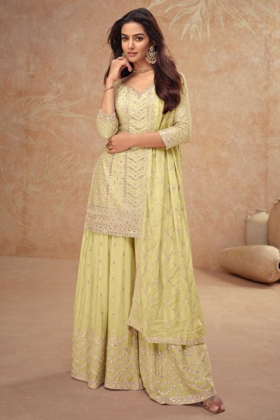 Pastel Yellow Green Chinon Silk Embroidered Sharara Kurta Set