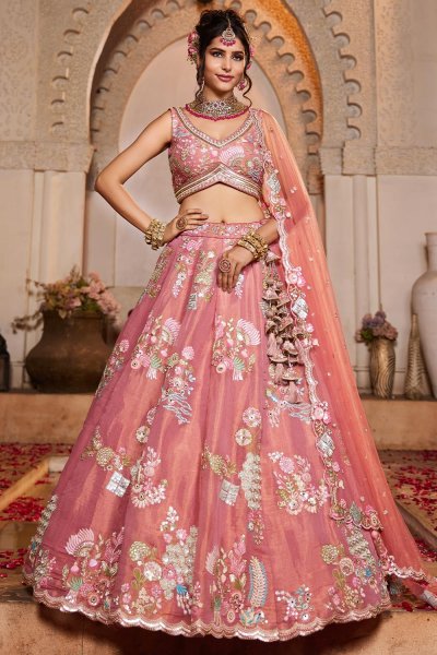 Coral Pink Net Embroidered Lehenga Set