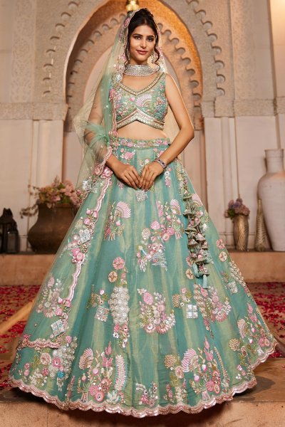 Sea Green Net Embroidered Lehenga Set