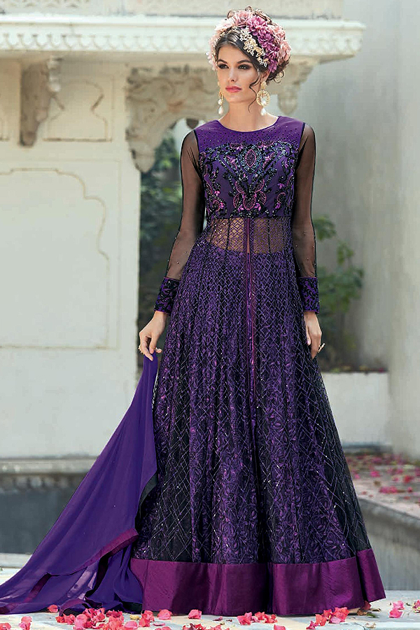 Stunning Purple Color Net Designer Anarkali Suit