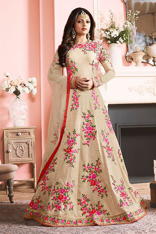 Buy Beautiful Cream Floral Embroidered Raw Silk Long Anarkali Suit ...